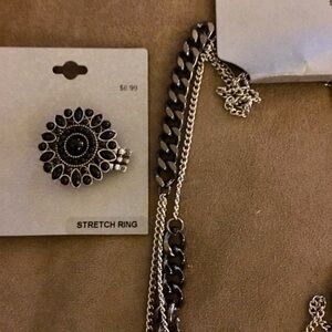 Faux Onyx Stretch Ring & Necklace Set Bundle